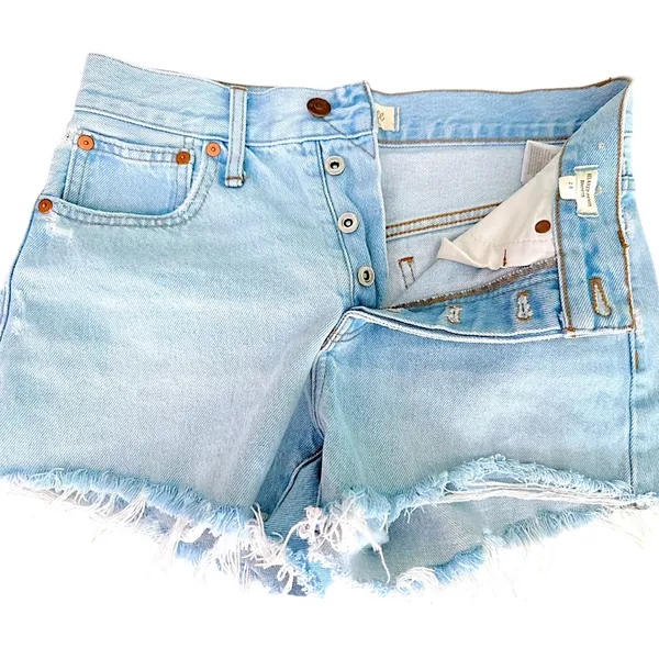 Madewell Light Wash Relaxed Denim Shorts w Frayed Raw Hems + Multi Button Fly 23 - Image 3