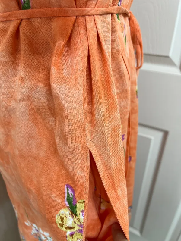 La Cera Orange Floral Button-Front Midi Dress Short Sleeve with Pockets Size M - Image 4