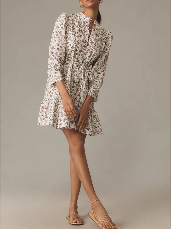 NWT English Factory Floral Pintuck Tie-Waist Mini Dress - White Floral - Image 3