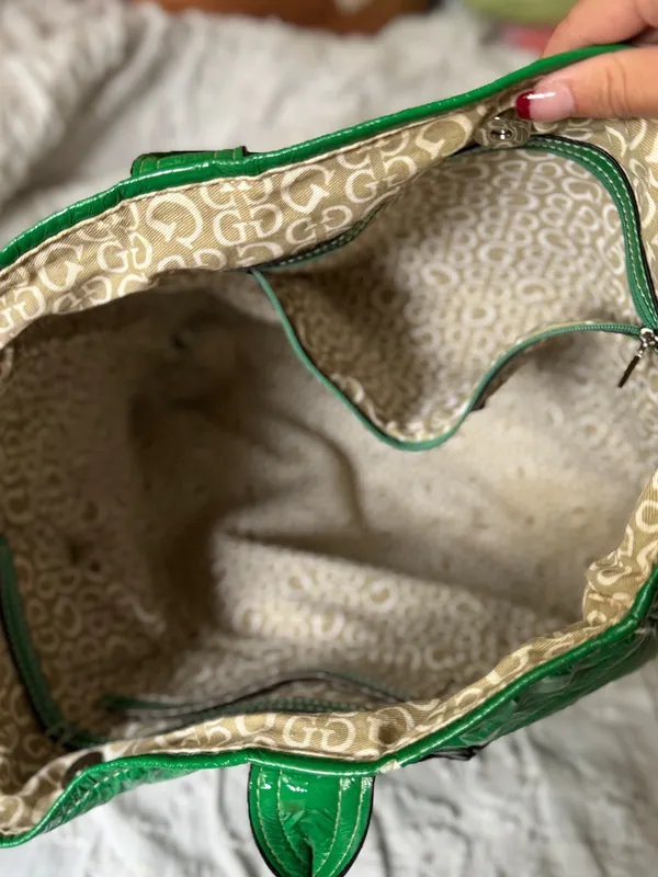 Guess Shiny Green Patent Tote with Branded Plaque - Image 6