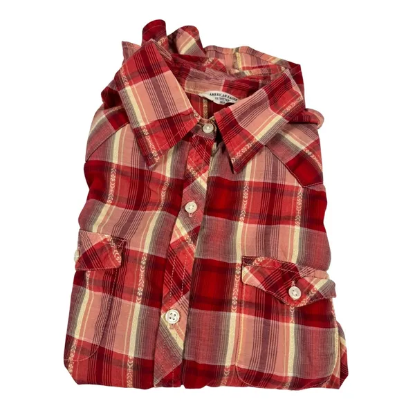 American Eagle Outfitters Red Plaid Western Sheer Button Down Shirt Small - Image 4