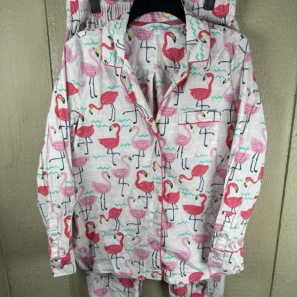 The Company Store Pajama Set Women Medium Pink Poplin Flamingo Long Sleeve Pants - Image 2