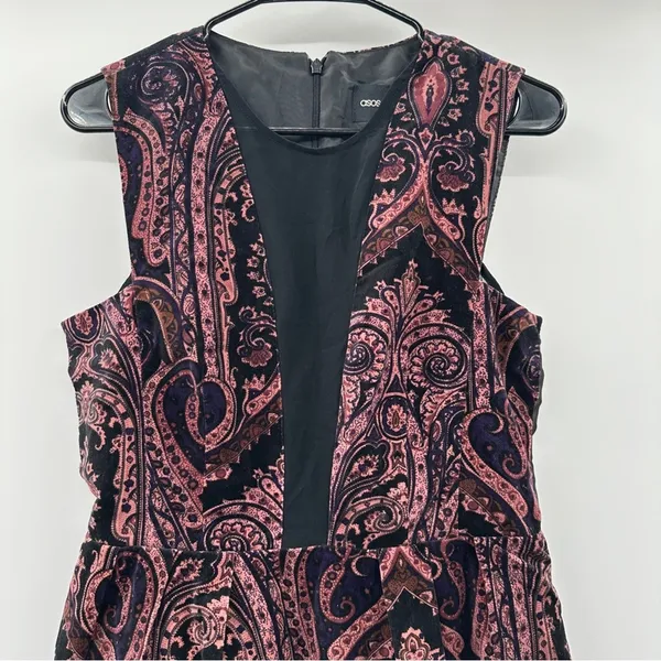 ASOS Black &‎ Pink Paisley Print Velvet Sleeveless Fit & Flare Mini Dress Sz 8 - Image 2