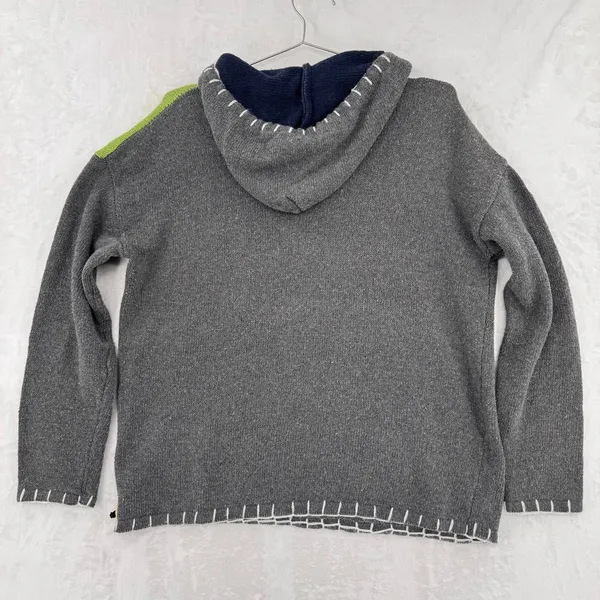 Hooded Sweater Gray Green Color Block Pocket Beads Toggle Button Boho Asymmetric - Image 6