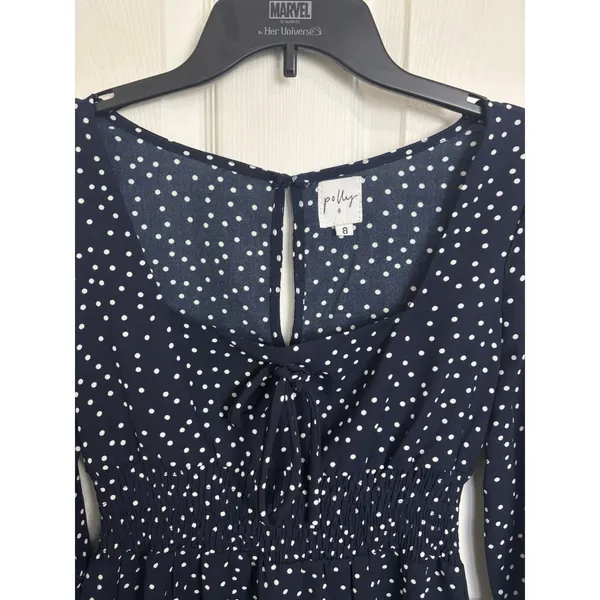 Princess Polly Navy White Polka Dot Bell Sleeve Smocked Mini Dress 8 Whimsical - Image 4