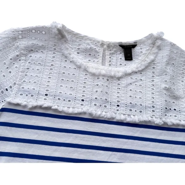 J.Crew Womens XS Mixed Media Eyelet Lace Striped Short Sleeve Top Blue White - Image 8