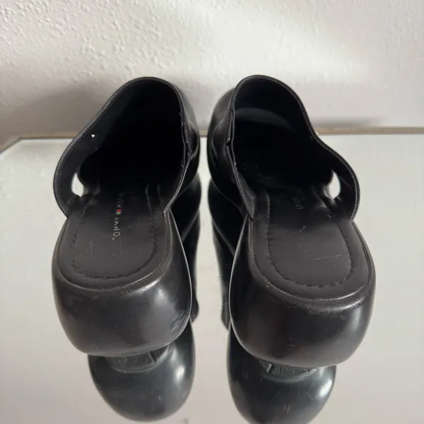 TOMMY HILFIGER Vintage 90s Y2K Black Leather Chunky Platform Slip On Clog Mules - Image 5