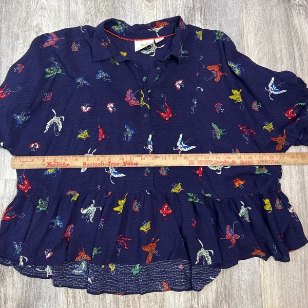 Maeve Anthropologie Navy Butterfly Print Peplum Button Down Top Large - Image 6