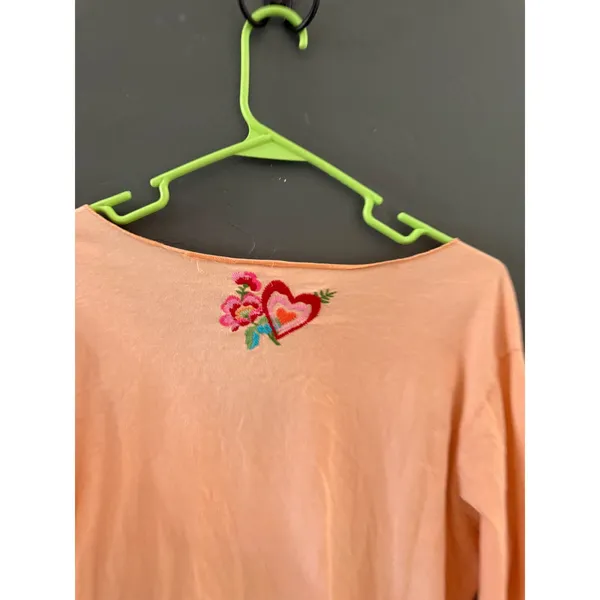 Boho Peach Long‎ Sleeve Embroidered Floral Love V-Neck Top Lettuce Trim Y2K - Image 4