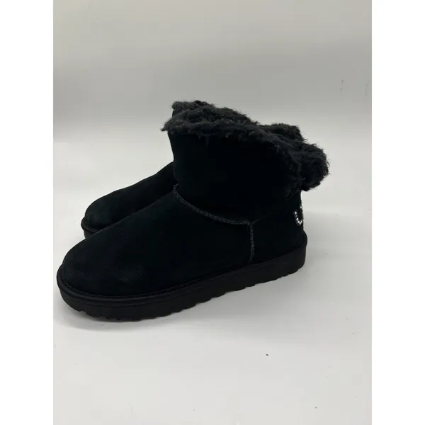 UGG Boots Womens Size 7 Black Suede Shearling Ankle Booties Rhinestone Logo - Image 4