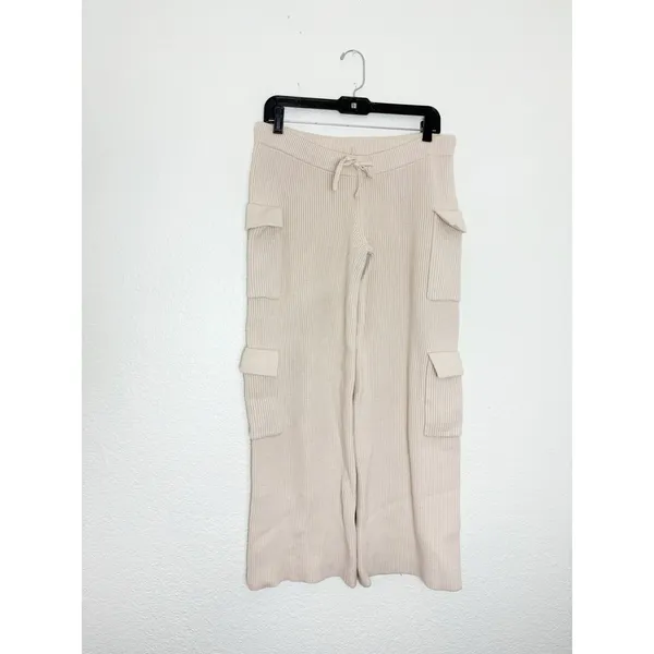 Edikted Wynter Knit Cargo Pants Size Medium Cream Ribbed Wide Leg Loungewear - Image 4