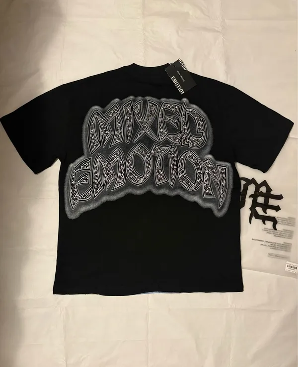 Mixed Emotion black graphic tee with rhinestones featuring three children with wings and guitars, size M - Image 3