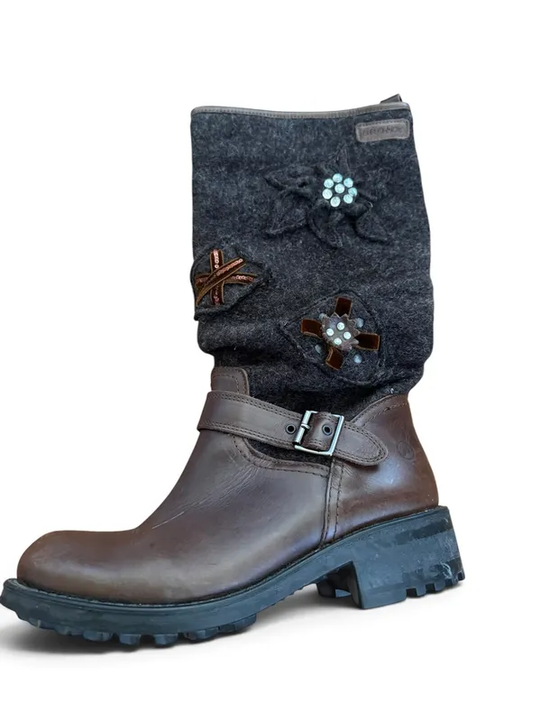Bronx Vinyage Womans Two-Tone Brown Leather and Charcoal Felt Embellished Boots - Image 2