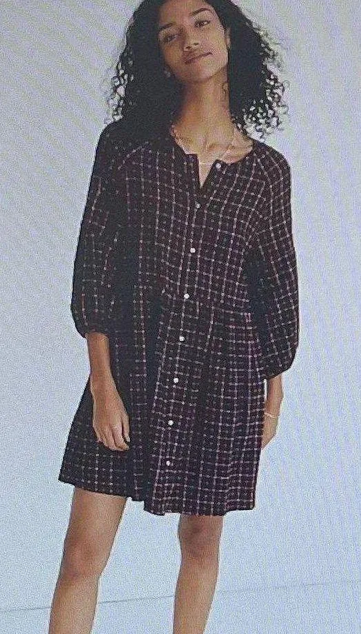 Madewell Plaid Flannel Pink Black Raglan Button Front Shirt Dress with Pockets, size 0 - Image 2