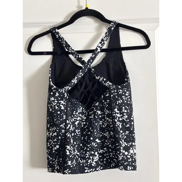 Fabletics Tank Top Black White Splatter Print Lattice Strappy Back Size S‎ - Image 3