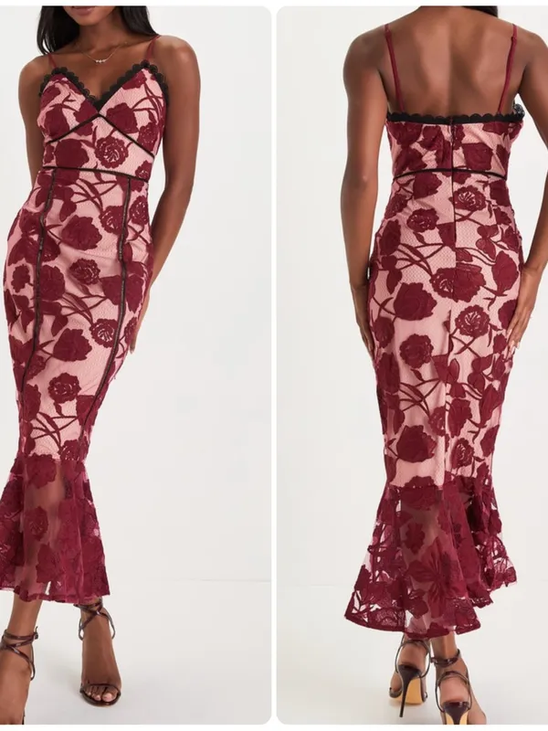 Lulus Alluring Dream Burgundy Floral Mesh Lace Trumpet Midi Dress - Image 2
