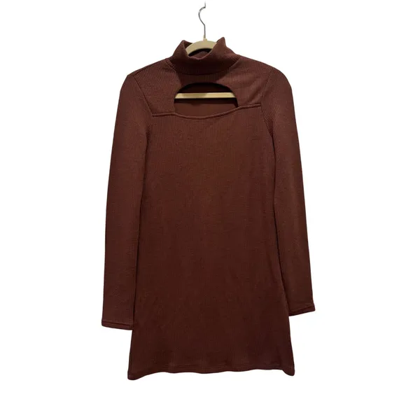 Walter Baker Ribbed Cutout Mini Harlow Dress Womens XS Brown Mock Neck Long‎ Slv - Image 2