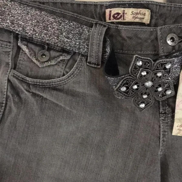 L.E.I. Denim Jeans Grey Wash Juniors 14 Low Rise Hiphugger Bootcut Stretch Belt - Image 3