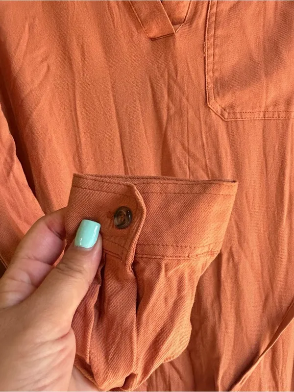 🌸No Comment long-sleeve peach V-neck shirt dress Size small - Image 6