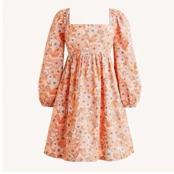 J.CREW Floral Square Neck Puff Long Sleeve Smocked Mini Dress 100% Cotton L - Image 14