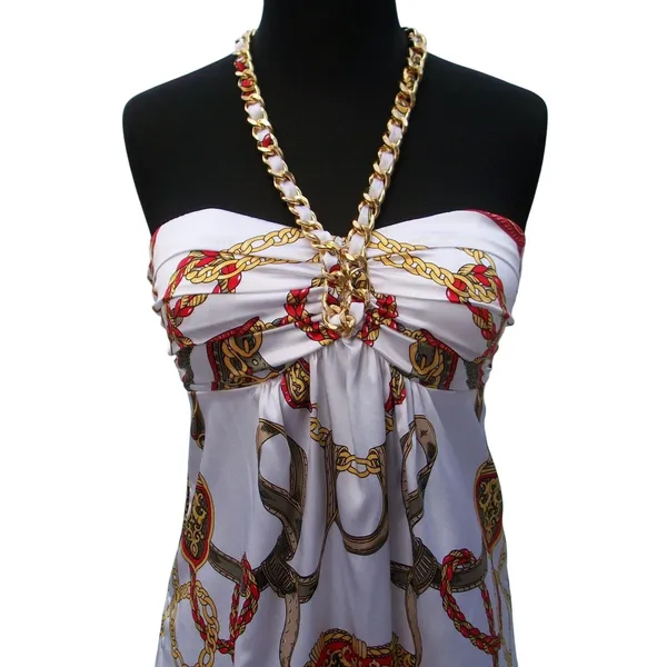 Cache Silk White Scarf Print Gold Chain Halter Top New Built In Bra $118 NWT XS - Image 3