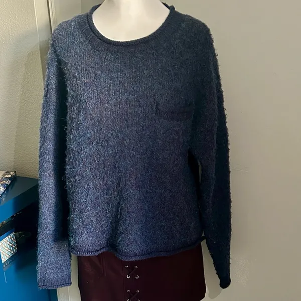 a.n.a. Women's Cozy Fuzzy Blue Wool Blend Split Rolled Hem Sweater - Image 10