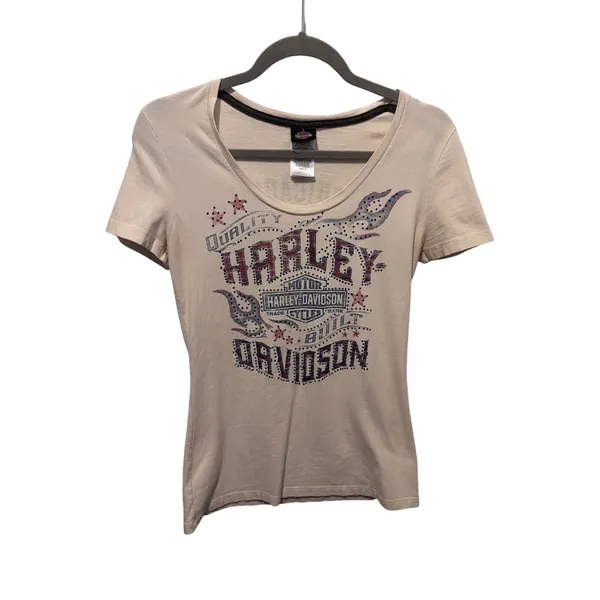 Harley Davidson Chicago IL T-Shirt Small Cream Graphic Tee Rhinestone Flame - Image 2