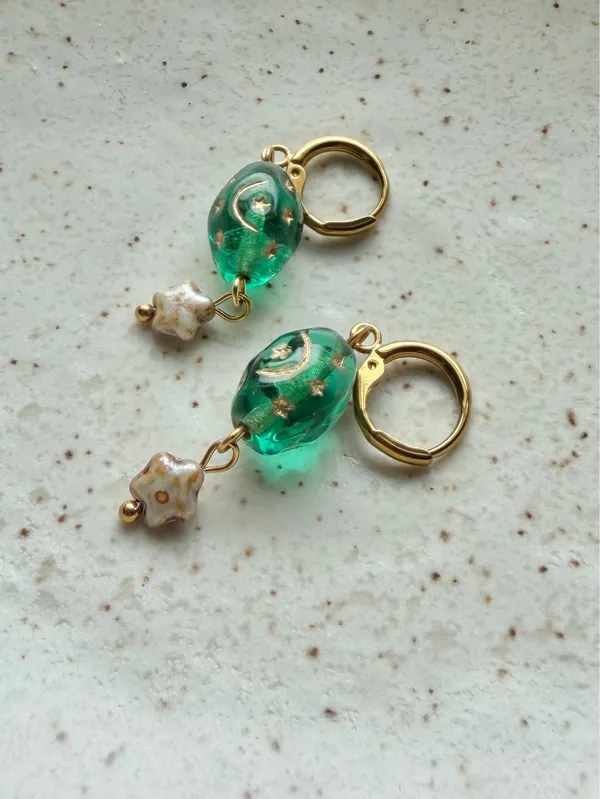 Handmade boho vintage goth grunge fairy whimsical style quality Czech glass moon/star beads stainless earrings🌝🌠💚⭐️ - Image 6