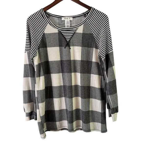 Lovely J Buffalo‎ Plaid Raglan Top Striped Sleeve Comfy Pullover Small - Image 6