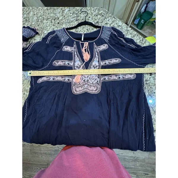 Free People Wind Willow Bohemian Peasant Mini Dress Size Large Navy Embroidered - Image 8