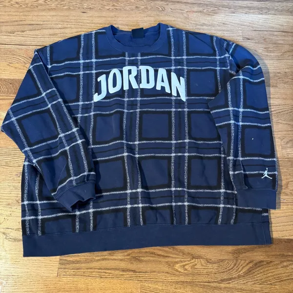 Jordan Essentials Womens Plaid Fleece Crewneck‎ Sweatshirt Navy Blue XXL - Image 3