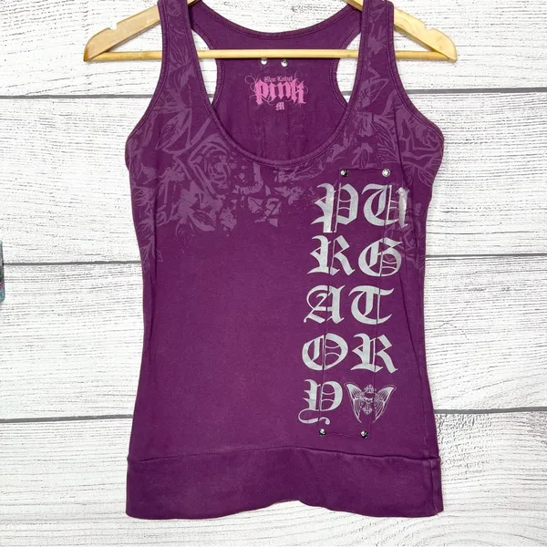 Vintage Y2K Black Label Pink Purple Graphic Racerback Tank Top Size Medium Moto - Image 2