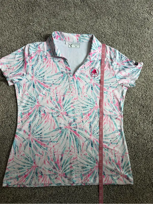 Yatta Golf Women’s M Pink Teal Tropical Palm Print Polo Shirt 19/24 Logo - Image 7
