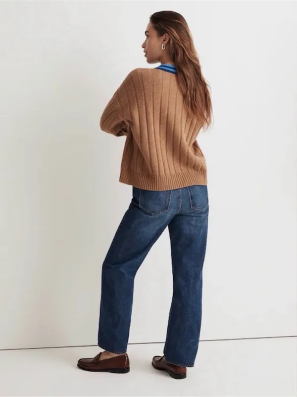 Madewell Tipped V-Neck Oversized Wool Blend Sweater XS Heather Caramel Blue - Image 3