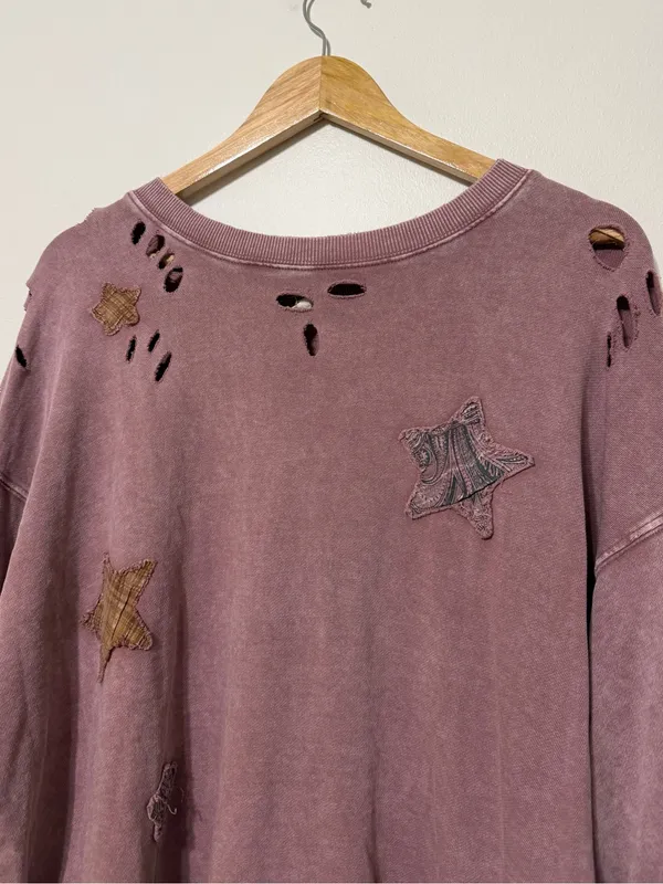 Easel Boho Star Patchwork Oversized Tee Size Large Distressed Sweater - Image 4