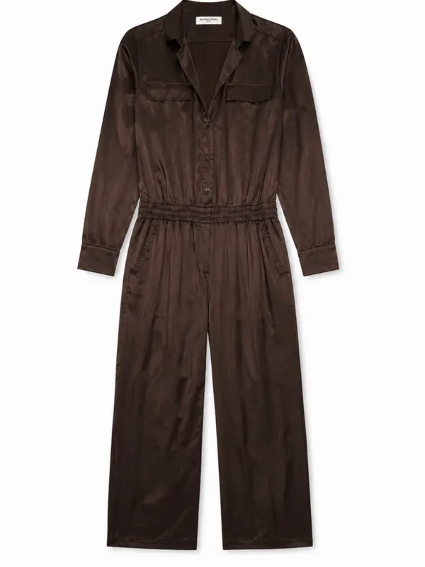 Amanda Uprichard Felix Long-Sleeve Satin Jumpsuit in Cocoa Brown Size Medium - Image 3