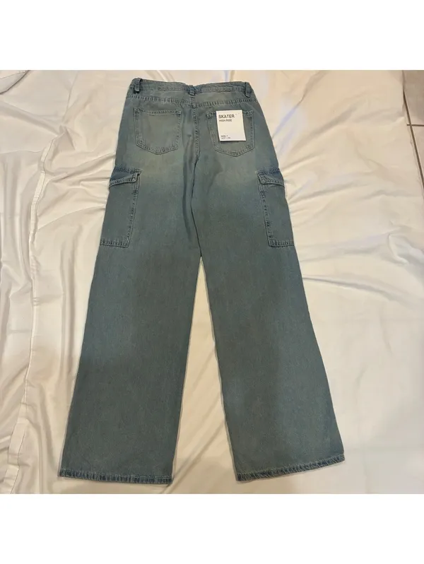 Indigo Rose Wide Leg Denim Y2K Cargo Pants Light Wash Streetwear Skater NWT Sz 7 - Image 6