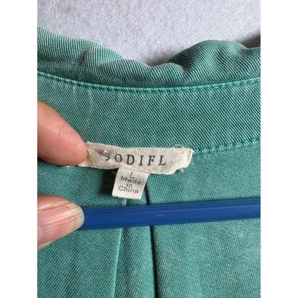 Sodifl Women Green Mineral Wash Babydoll Button Down Peplum Blouse Large - Image 4