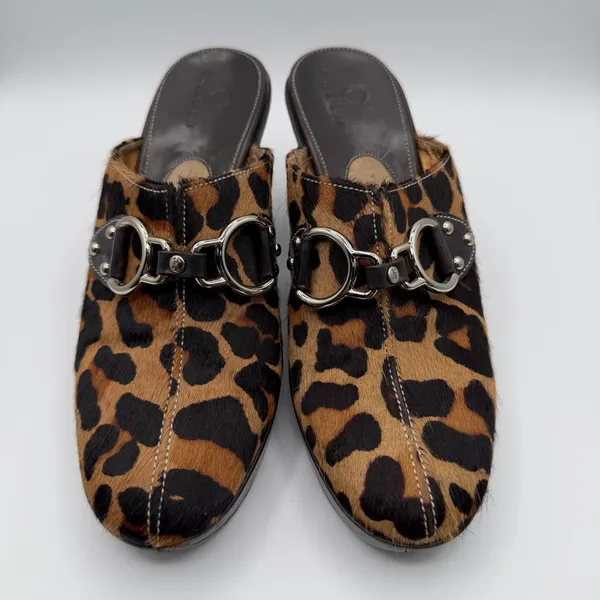 Cole Haan Leopard Calf Hair Horsebit Mule Heels Brown Black Womens 7.5B Brazil - Image 2