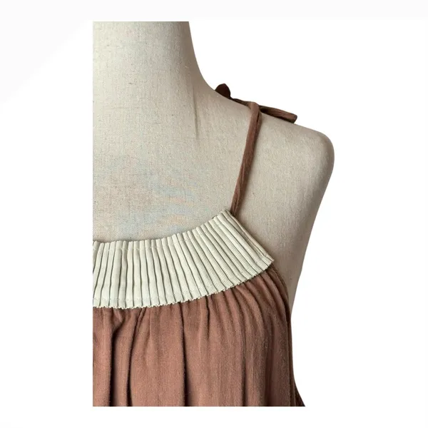Anthropologie Left of Center Dress Women Medium‎ Brown Pleated Neck Mini Boho - Image 6