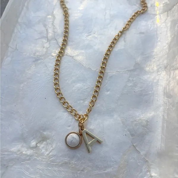 Gold A Initial Necklace with White Stone Charm - Image 4