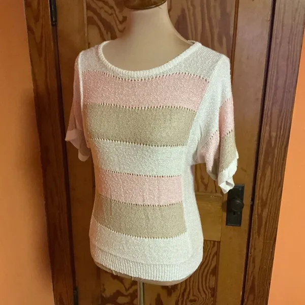 Vintage 1970s Striped Knit Sweater Short Sleeve Pullover - Image 9
