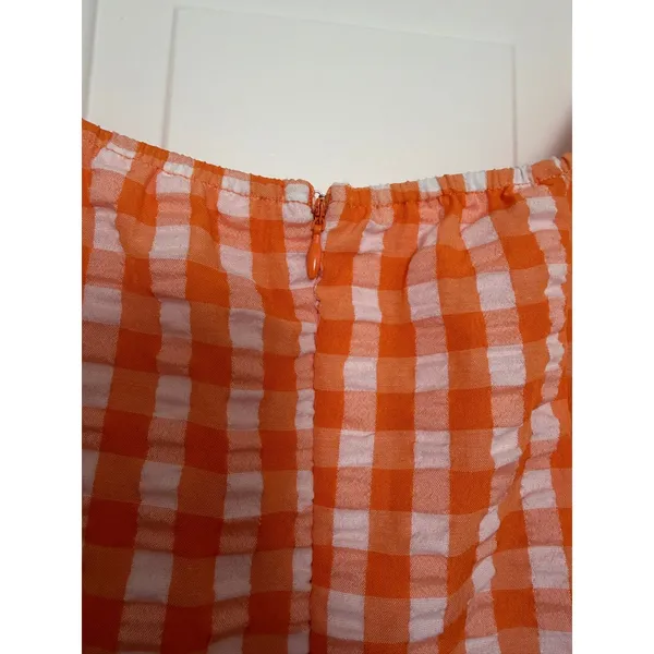 Orange Gingham Puff Sleeve Bustier Bodycon Mini Dress Sweetheart Neck Large - Image 11