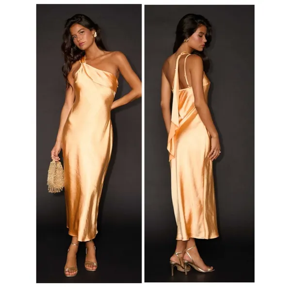 Lulus Naima Light Orange Satin One-Shoulder Midi Dress Size Small Cocktail Sexy - Image 2