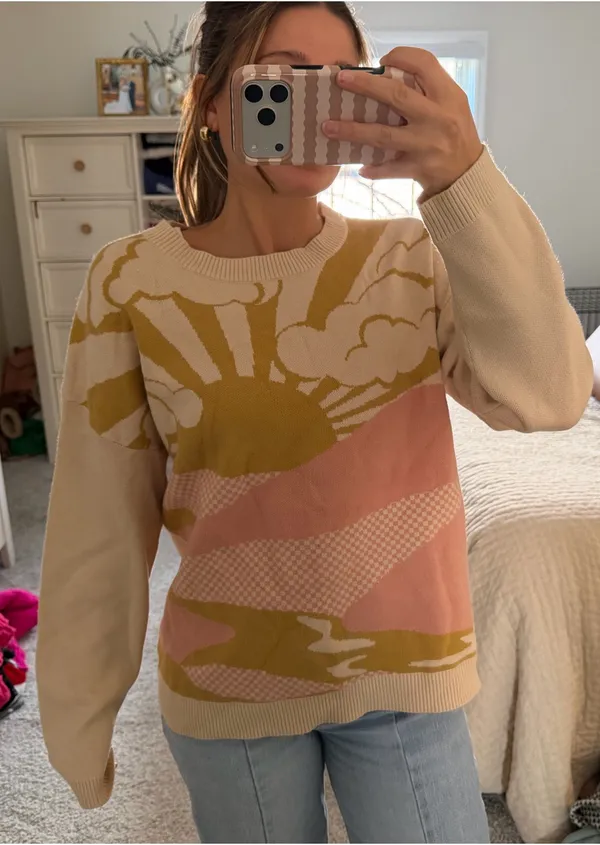 Altar'd State Pink, green and beige patterned sweater - Image 3