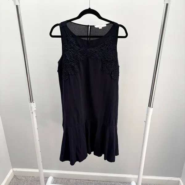 LOFT Navy Blue Sleeveless Embroidered Floral Lace Overlay Yoke Drop Waist Dress - Image 2
