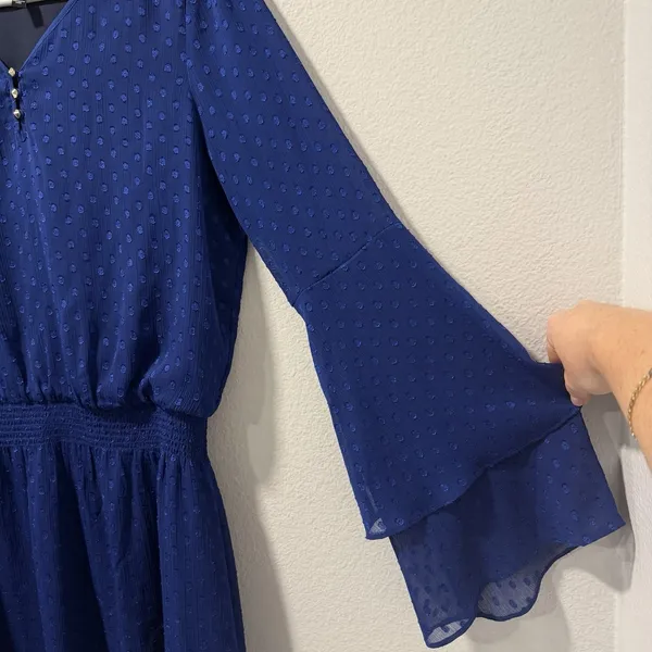 White House Black Market Size-6 Dress Women's Blue‎ Swiss Dot Smocked Waist - Image 11