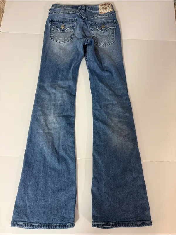True Religion Blue Flare Jeans with Rhinestone Script - Image 8