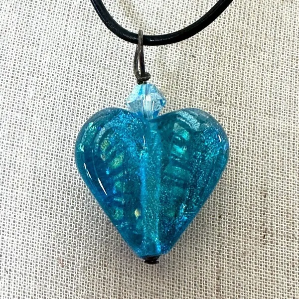 Blue glass heart pendant necklace sterling silver clasp on cord - Image 5