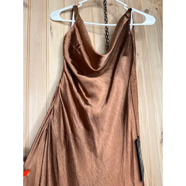 NWT Lulus Sophisticated Impression Brown Satin Backless Cowl Midi Dress Party XS - Image 4